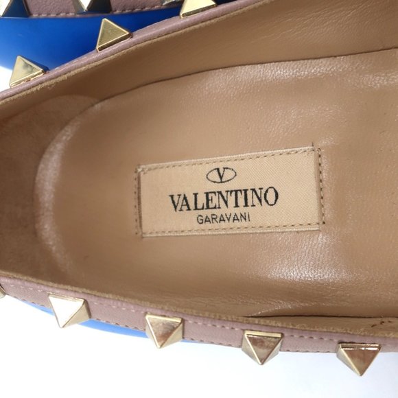 VALENTINO ROCKSTUD BALLET FLATS BLUE & POUDRE LEATHER SIZE 40 POINTED TOE - Picture 10 of 12
